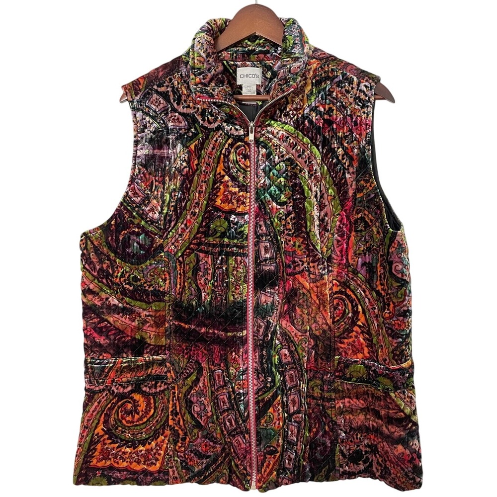 Chico's 3 Silk Velvet Vest XL Paisley Quilted Art To Wear Boho Zip Pockets Fall
